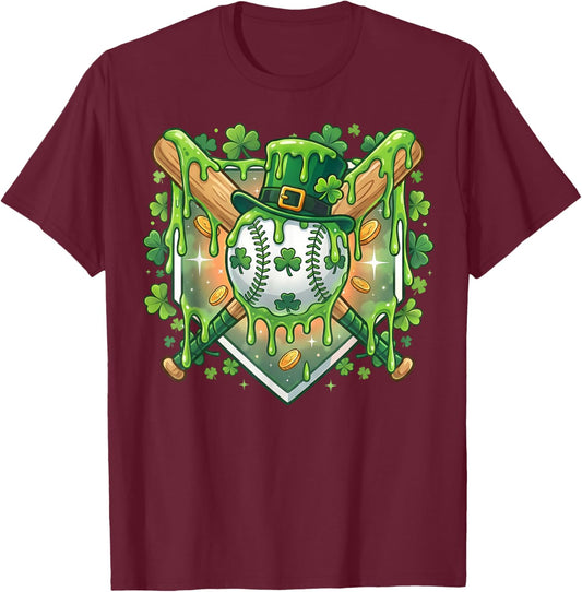 St Patrick Day Baseball Drip Ice Cream Baseball Home Plate T-Shirt - T-Shirt | Maroon
