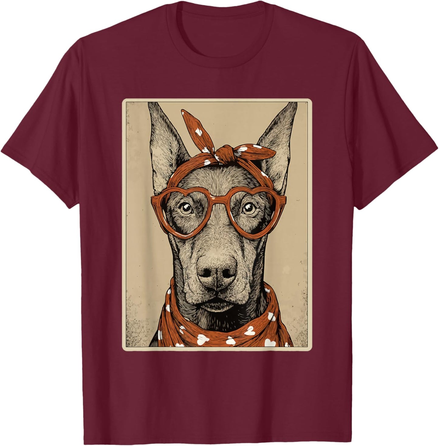 Cute Doberman with Hearts Glasses Valentines Dog Coquette T-Shirt - T-Shirt | Maroon
