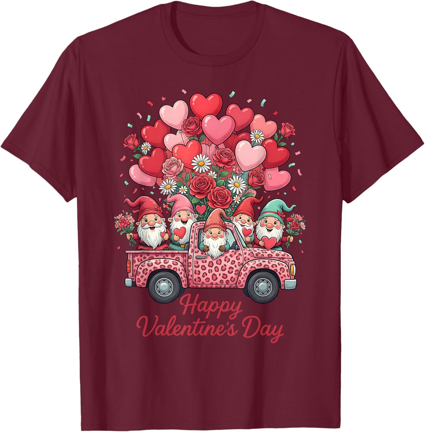 Three Gnomes and Leopard Truck Happy Valentine's Day T-Shirt - T-Shirt | Maroon