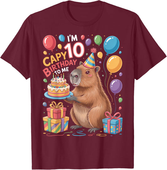 Capybara I'm 10 Capy Birthday to Me Birthday Party T-Shirt - T-Shirt | Maroon