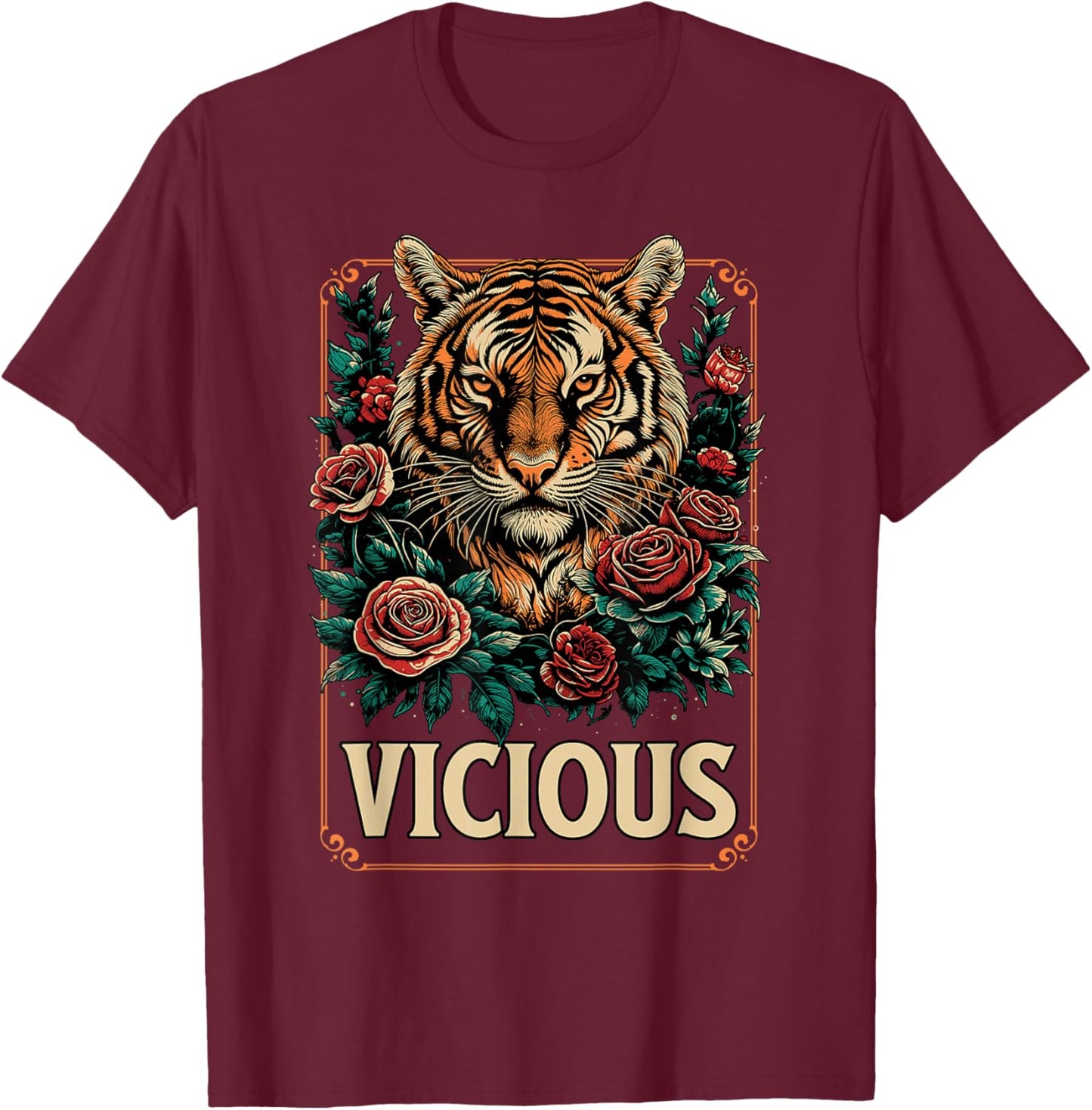 Vicious Tiger Floral Fierce Animal Strength Artwork T-Shirt - T-Shirt | Maroon
