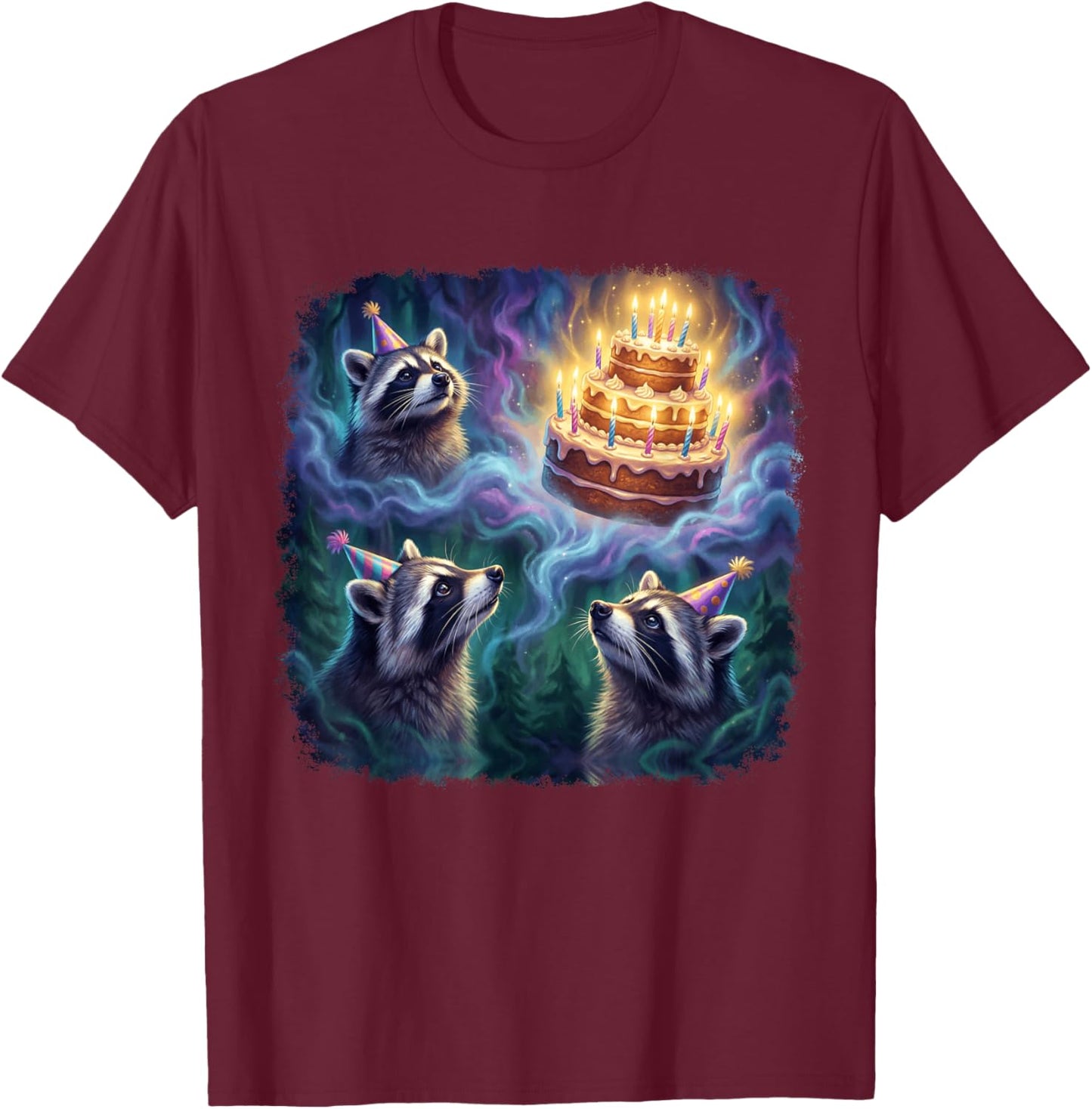 Funny Three Raccoons Birthday Party Cake Retro T-Shirt - T-Shirt | Maroon