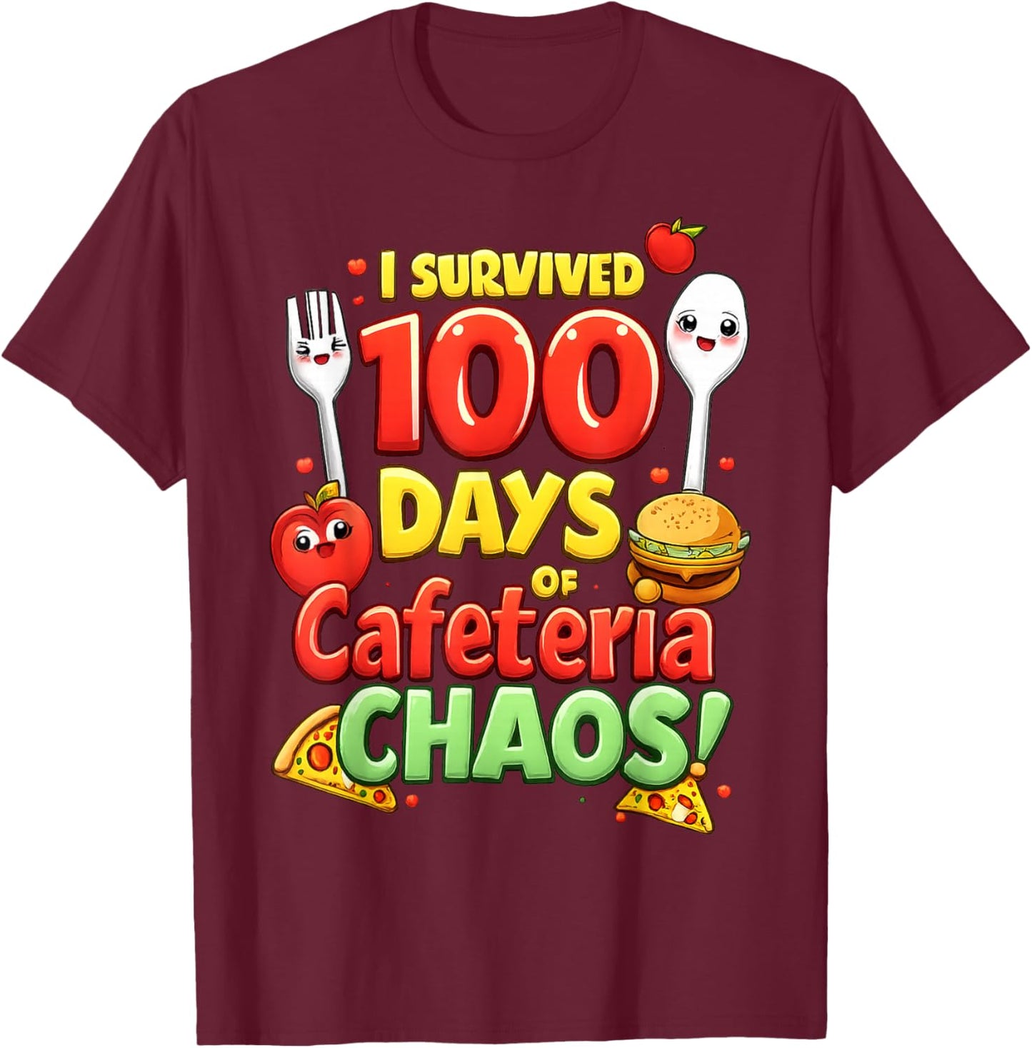 I Survived 100 Days of School Funny Lunch Lady Cafeteria T-Shirt - T-Shirt | Maroon