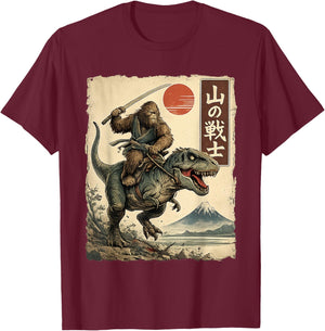 Bigfoot Riding T-Rex Japanese Ukiyo-e Art Samurai Sasquatch T-Shirt - T-Shirt | Maroon