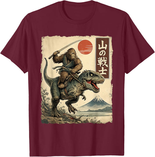 Bigfoot Riding T-Rex Japanese Ukiyo-e Art Samurai Sasquatch T-Shirt - T-Shirt | Maroon