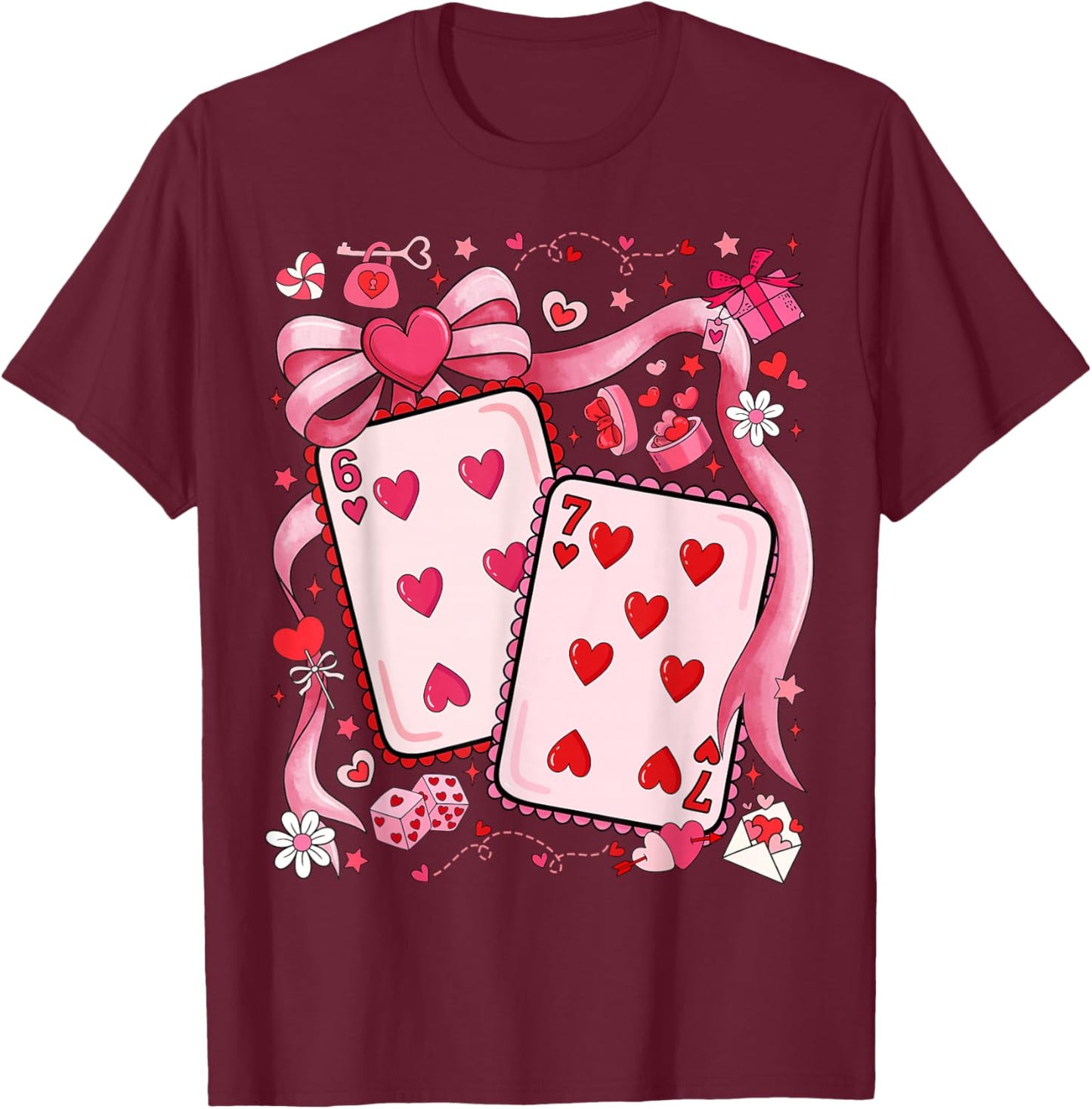 Playing Cards Valentine 67 Coquette Bow Couple Matching Girl T-Shirt - T-Shirt | Maroon
