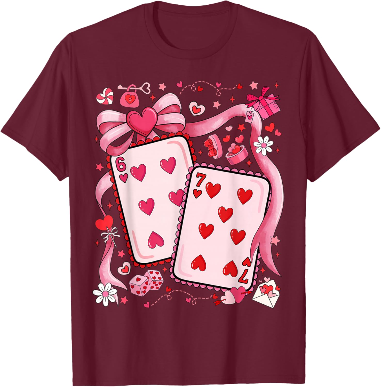 Playing Cards Valentine 67 Coquette Bow Couple Matching Girl T-Shirt - T-Shirt | Maroon