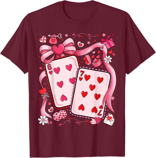 Playing Cards Valentine 67 Coquette Bow Couple Matching Girl T-Shirt - T-Shirt | Maroon
