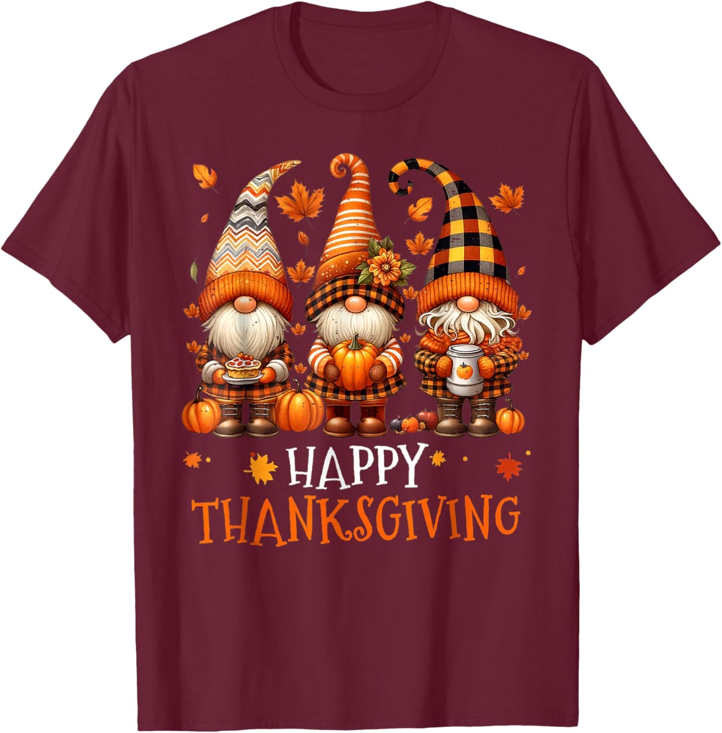 Three Gnomes Happy Thanksgiving Autumn Fall Pumpkin Spice T-Shirt - T-Shirt | Maroon