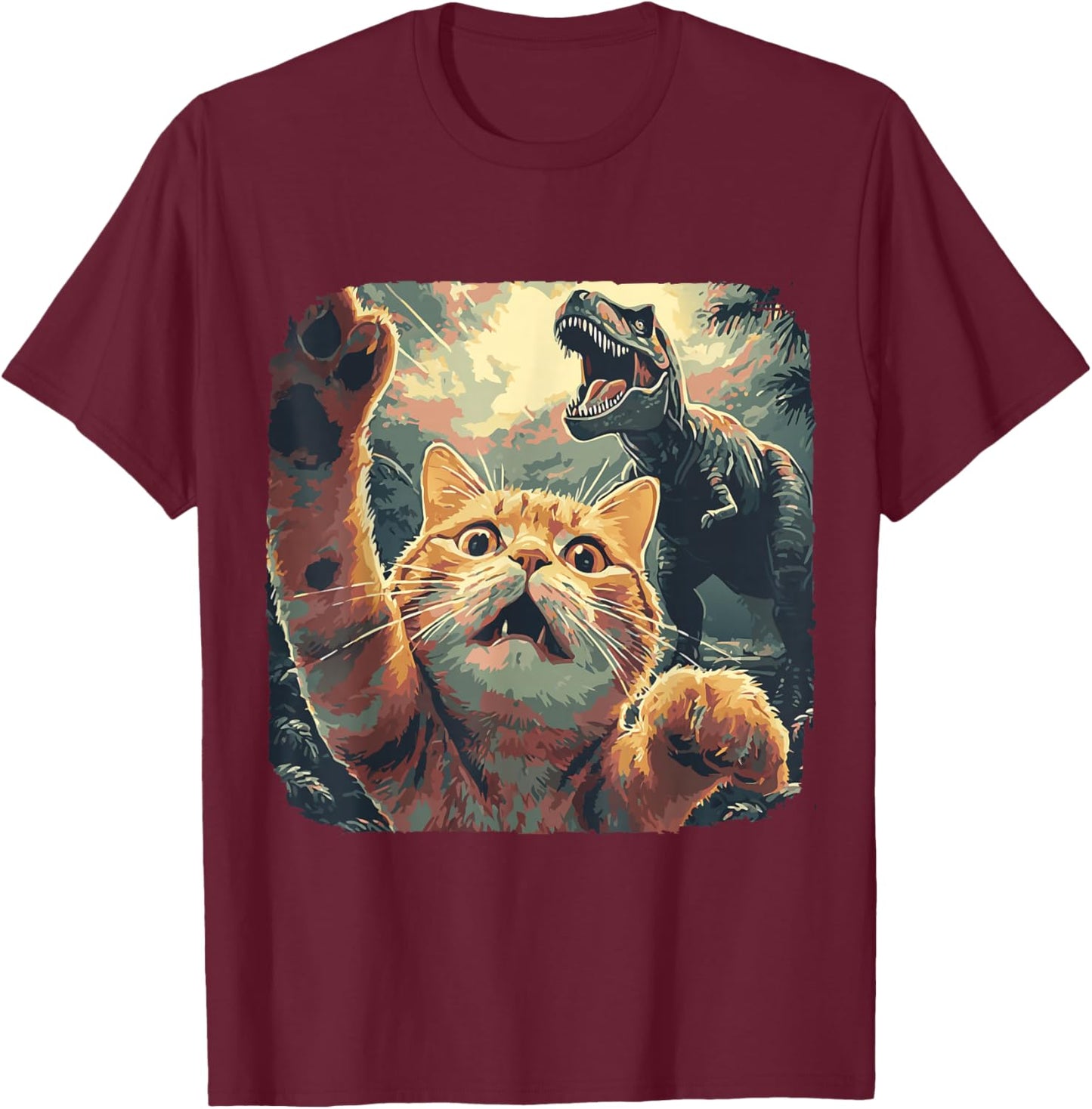 Funny Cat Selfie with T-Rex Dinosaur Cartoon Meme T-Shirt - T-Shirt | Maroon
