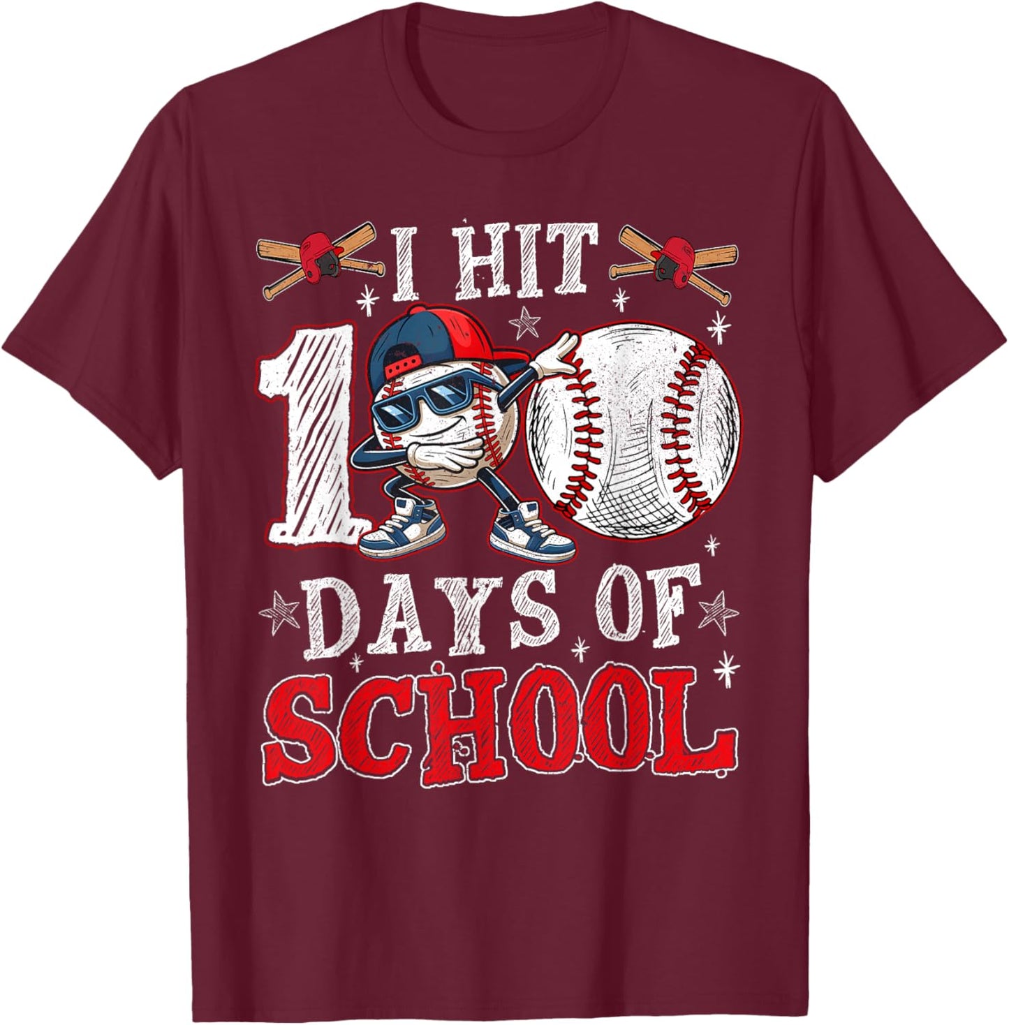 100 Days of School Dabbing Baseball Hit Student Kids Boys T-Shirt - T-Shirt | Maroon