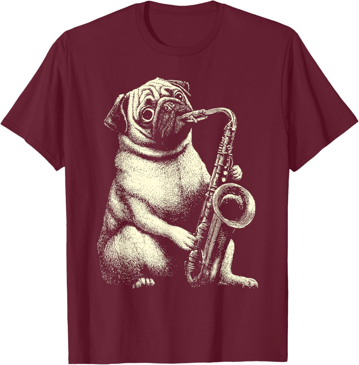 Cute Pug Playing Saxophone Player Funny Jazz Musician Dog T-Shirt - T-Shirt | Maroon