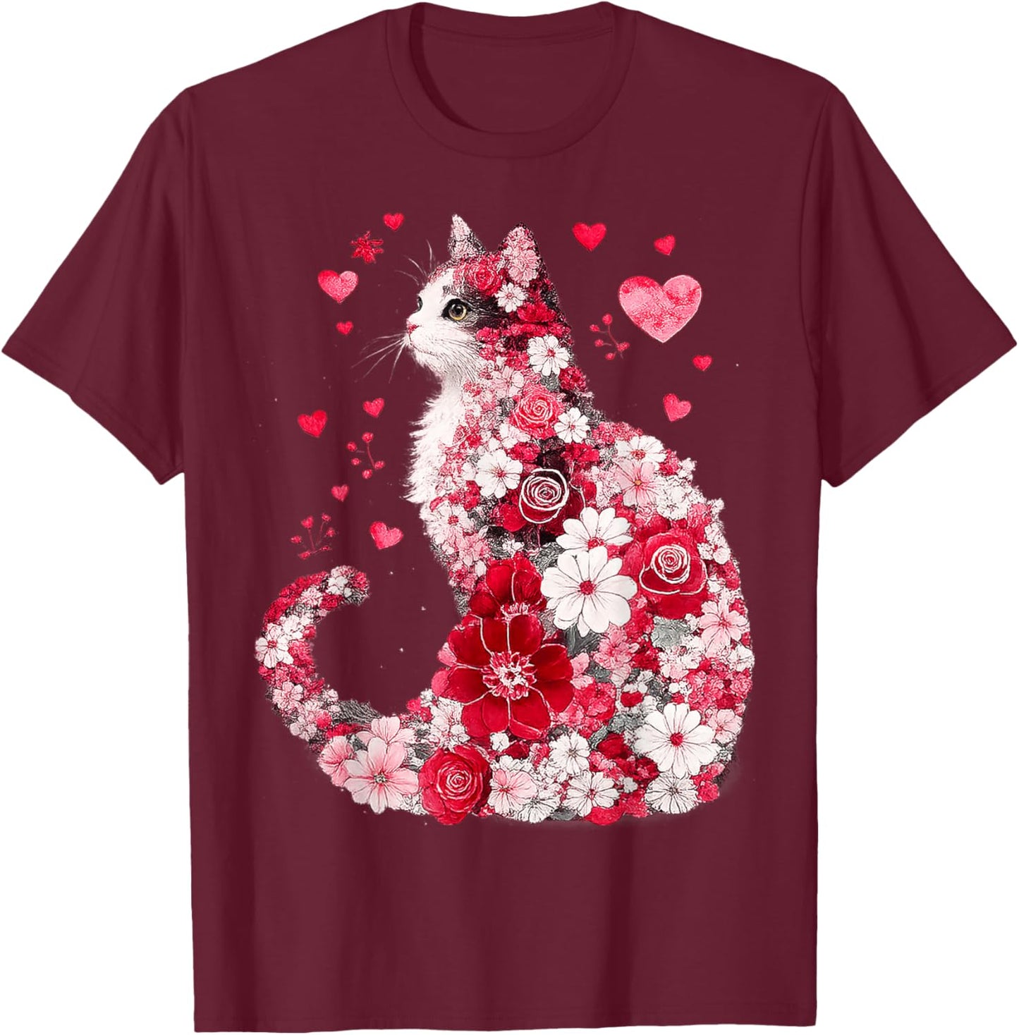 Floral Cat Heart Art Romantic Design Gifts for Girl Women T-Shirt - T-Shirt | Maroon