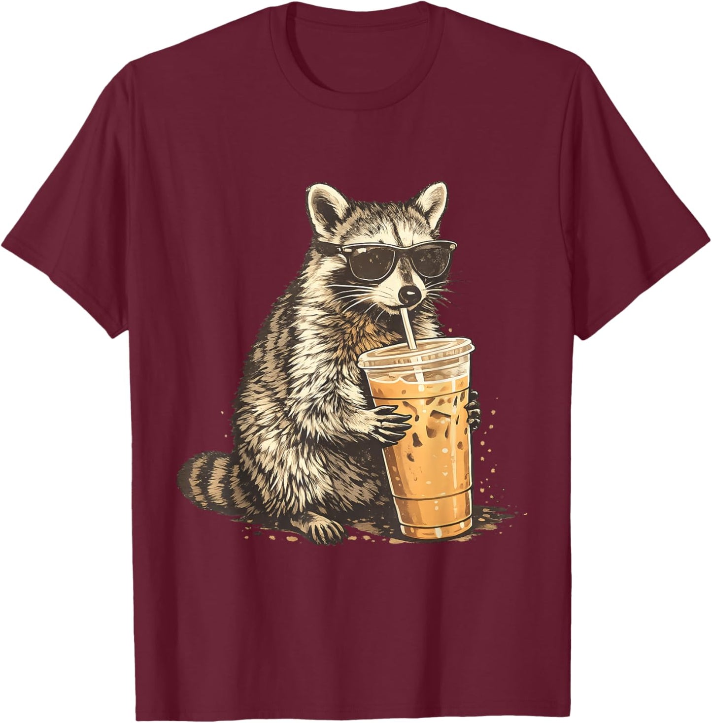 Funny Raccoon Iced Coffee Funny Animal Graphic Sarcastic T-Shirt - T-Shirt | Maroon