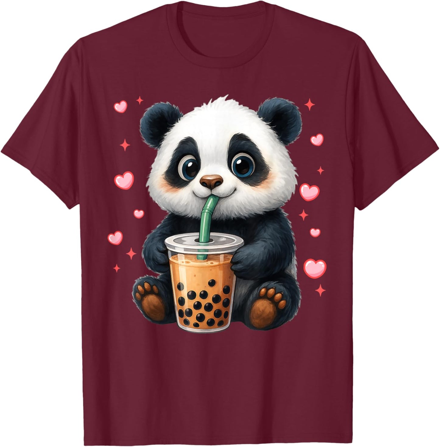 Cute Funny Panda Drink Boba Tea Heart Girl Boy Kid Toddler T-Shirt - T-Shirt | Maroon