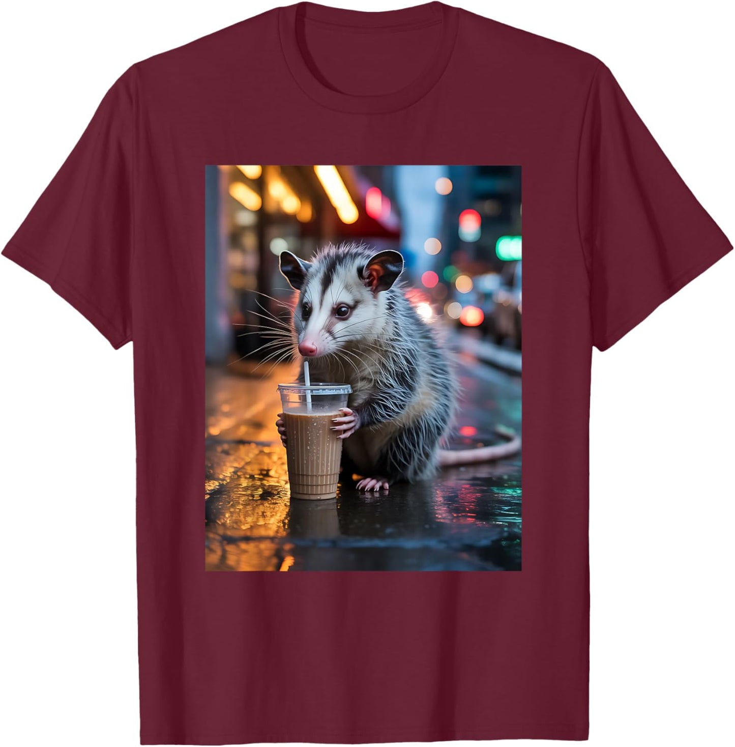 Night Shift Opossum with Iced Coffee Urban Mood T-Shirt - T-Shirt | Maroon