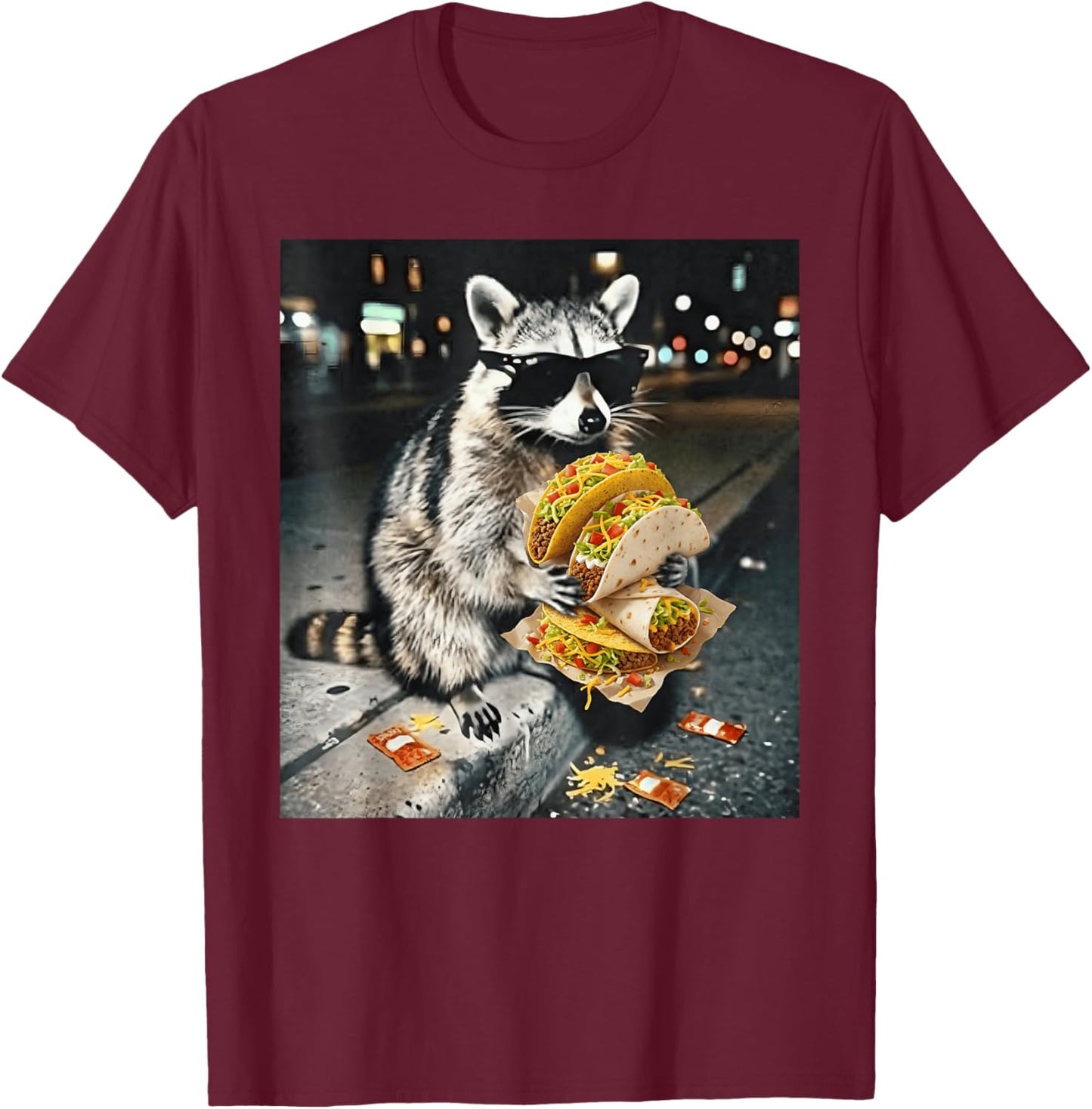 Cool Raccoon in Sunglasses Eating Tacos Street Food Animal T-Shirt - T-Shirt | Maroon