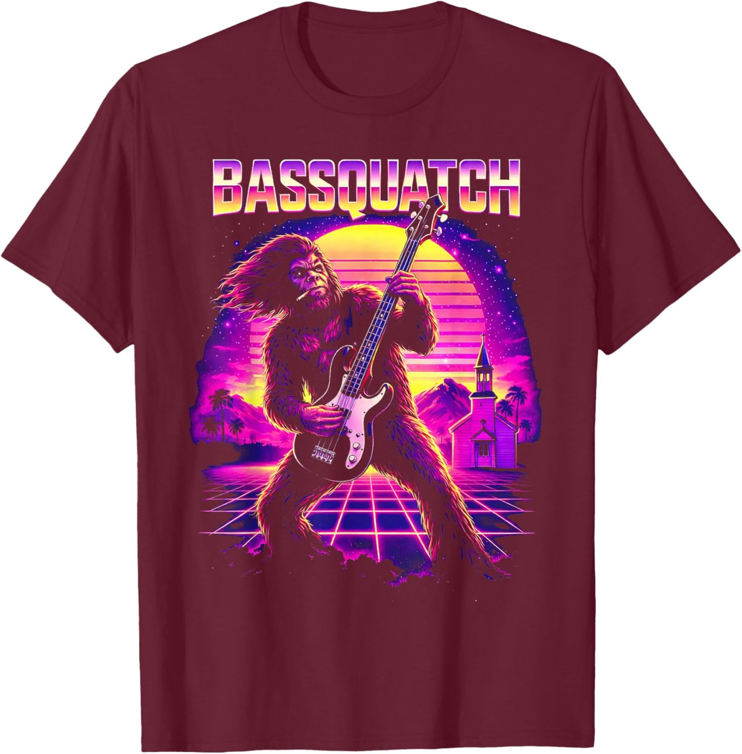 Bassquatch, Synthwave Bigfoot Bass Guitar Sasquatch T-Shirt - T-Shirt | Maroon