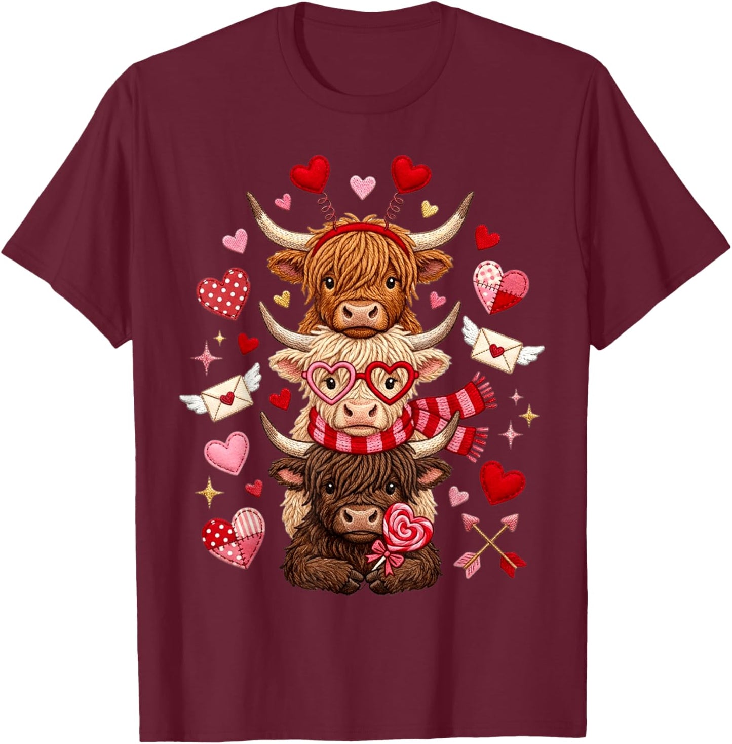 Scottish Cute Western Valentine Highland Cows with Hearts T-Shirt - T-Shirt | Maroon