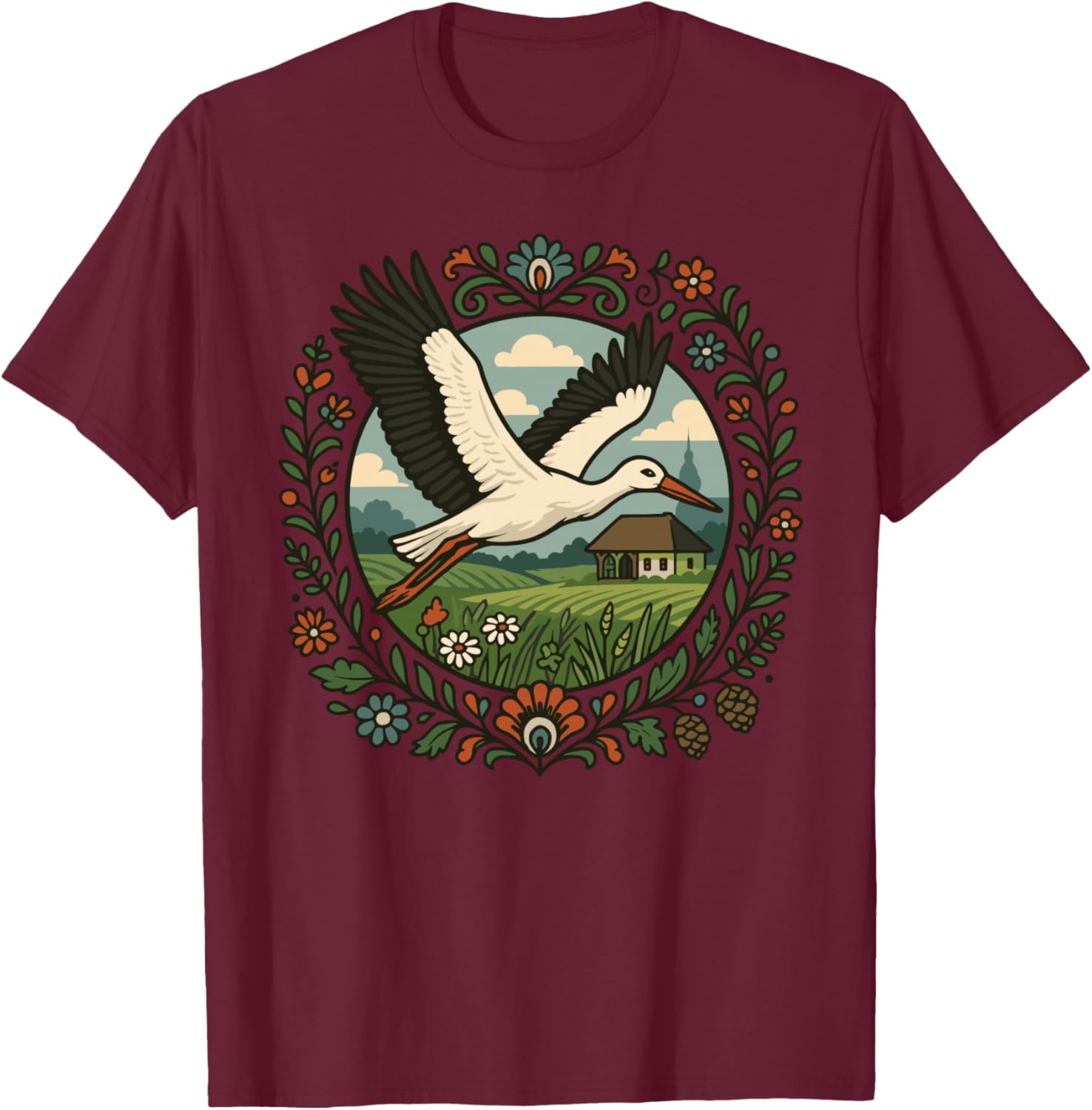 Folk Stork Flying Polish Village Nature Flower Art T-Shirt - T-Shirt | Maroon