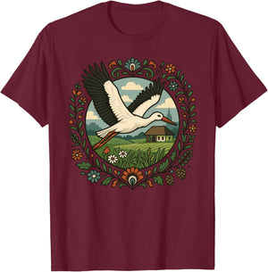 Folk Stork Flying Polish Village Nature Flower Art T-Shirt - T-Shirt | Maroon