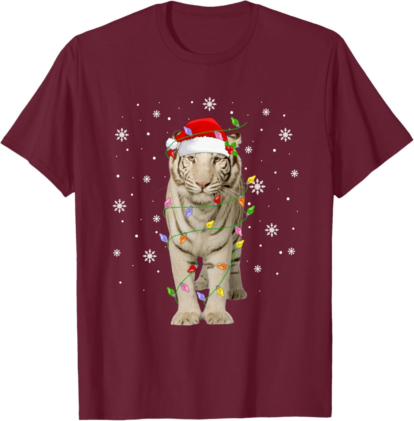 White Tiger Christmas Lights Funny Santa Animal Lover Xmas T-Shirt - T-Shirt | Maroon