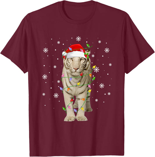 White Tiger Christmas Lights Funny Santa Animal Lover Xmas T-Shirt - T-Shirt | Maroon