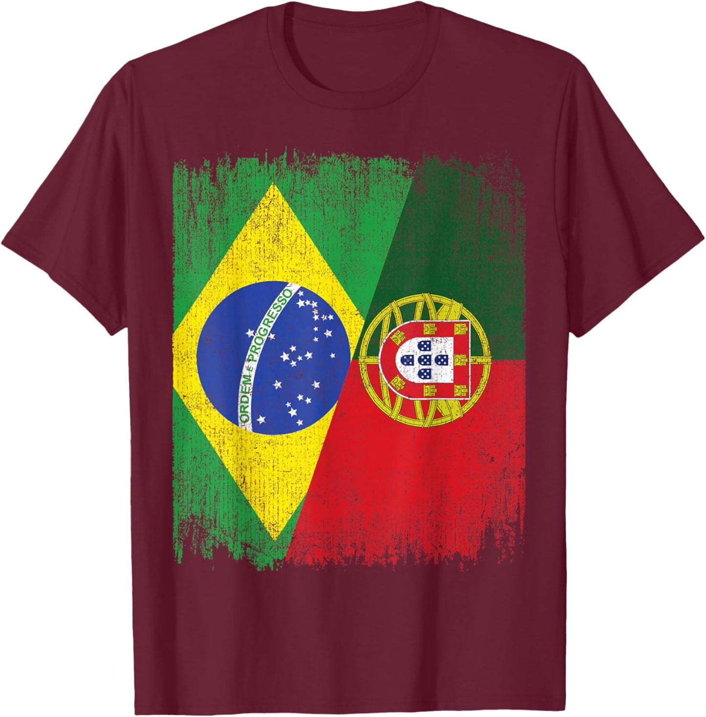 Half Brazil Portugal Split Flag Brazilian Portuguese Roots T-Shirt - T-Shirt | Maroon