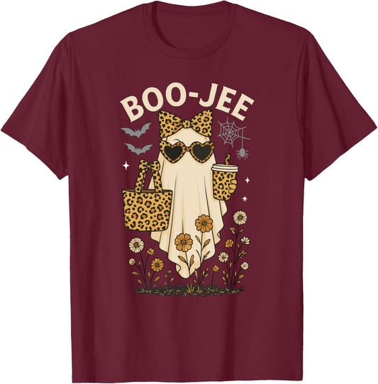 Halloween Boujee Ghost Coquette Leopard Ghost Coffee Boo-JEE T-Shirt - T-Shirt | Maroon