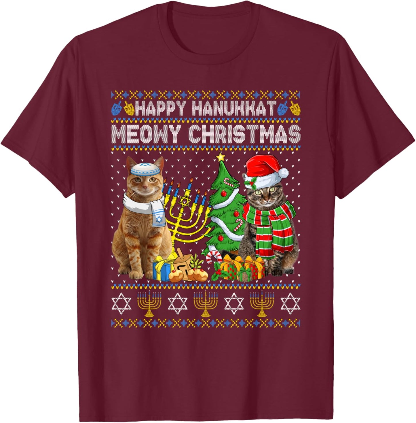 Happy Hanukkat Meowy Christmas Pajamas Ugly Sweater Cats T-Shirt - T-Shirt | Maroon