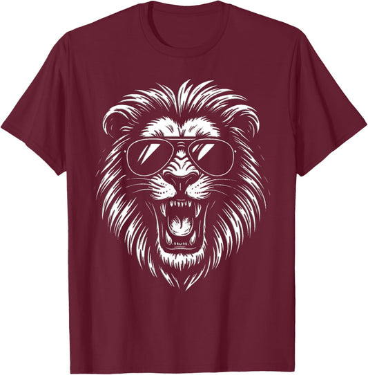Roaring Lion With Sunglasses Bold Black And White Artwork T-Shirt - T-Shirt | Maroon