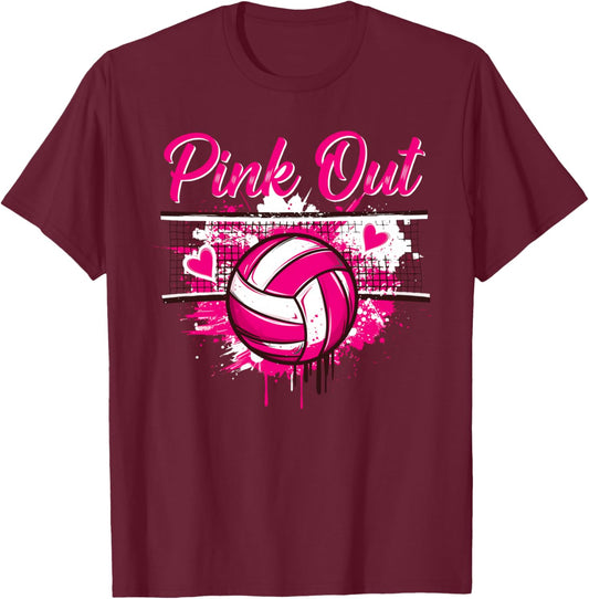 Pink Out Volleyball Mom Girls Player Breast Cancer Awareness T-Shirt - T-Shirt | Maroon