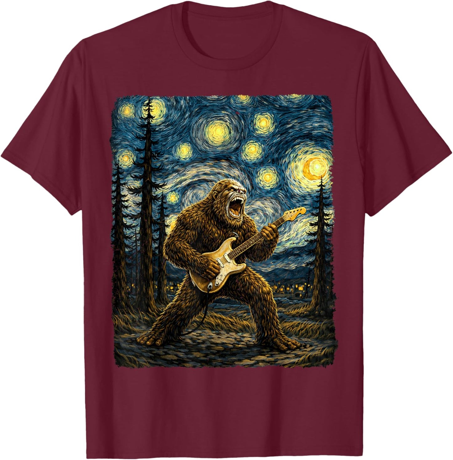 Bigfoot Playing Guitar in Starry Night Van Gogh Graphic T-Shirt - T-Shirt | Maroon