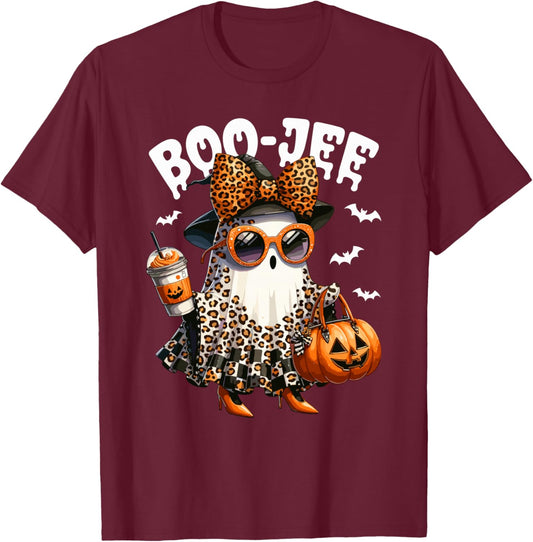 Boo Jee Ghost Boojee Leopard Bow Spooky Vibes Halloween T-Shirt - T-Shirt | Maroon