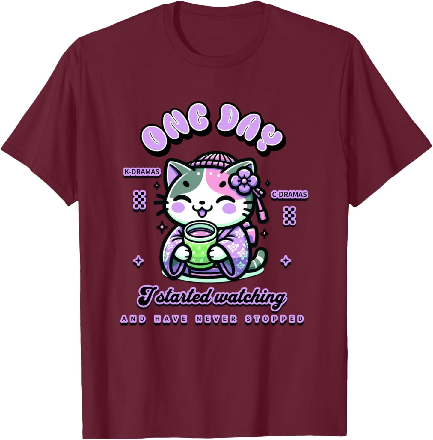 Cute Cat Watching K-Dramas and C-Dramas T-Shirt - T-Shirt | Maroon