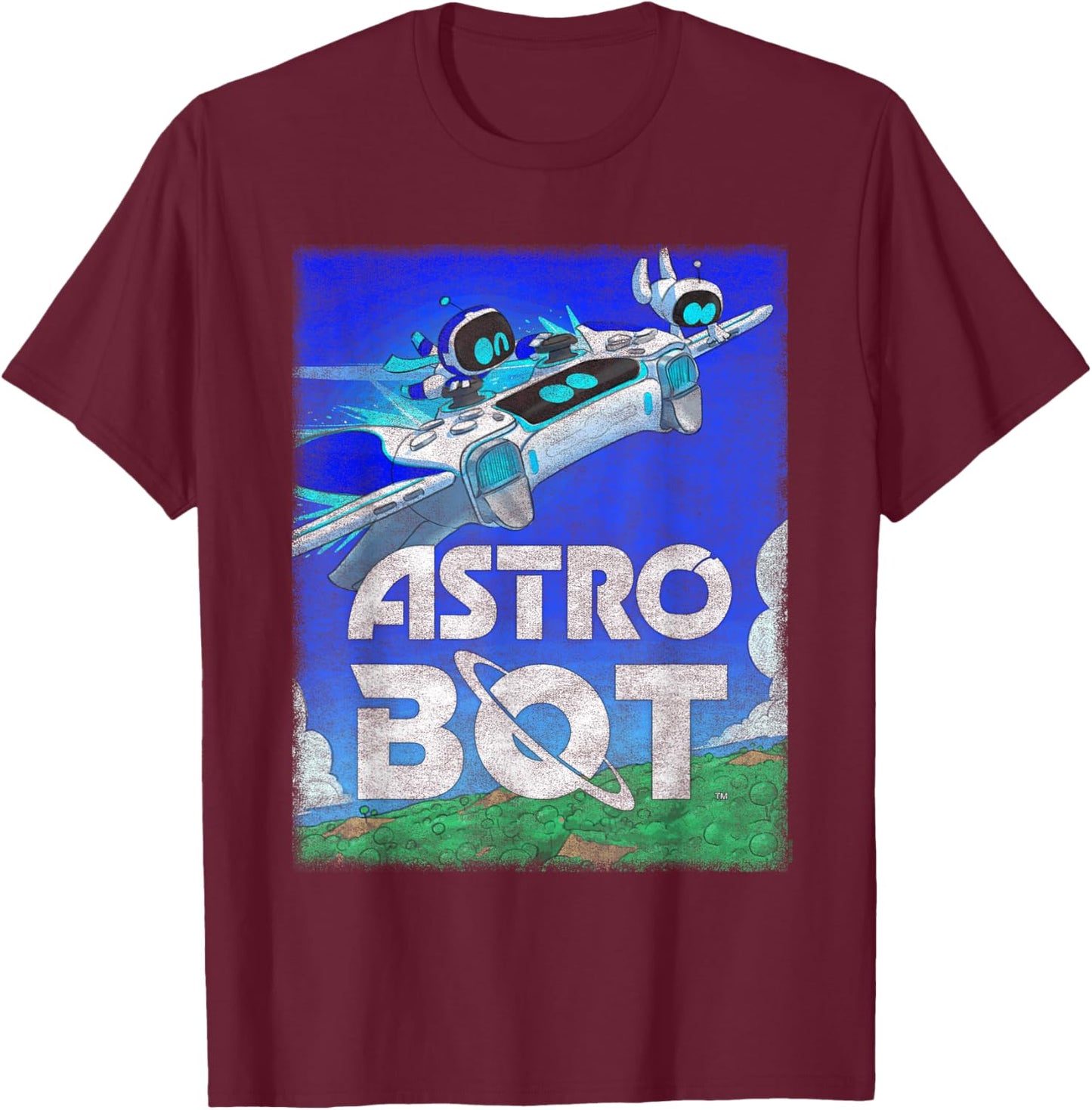 Astro Bot Flying Colorful Landscape Video Game T-Shirt - T-Shirt | Maroon