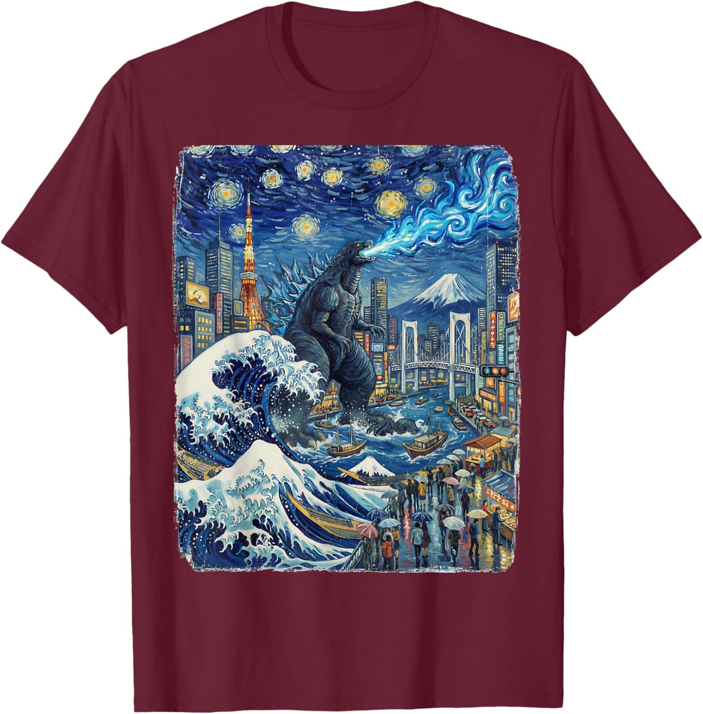 Kaiju Monster Japanese Anime Vangogh Painting Art Graphic T-Shirt - T-Shirt | Maroon