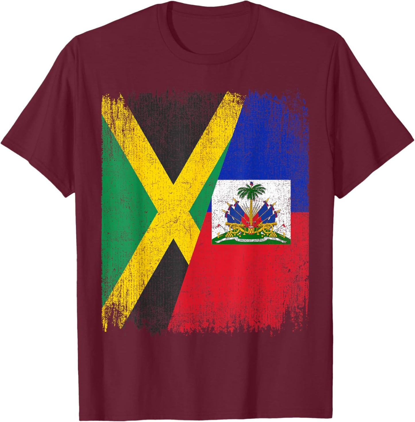Half Jamaica Haiti Flag Jamaican Haitian Pride Roots T-Shirt - T-Shirt | Maroon