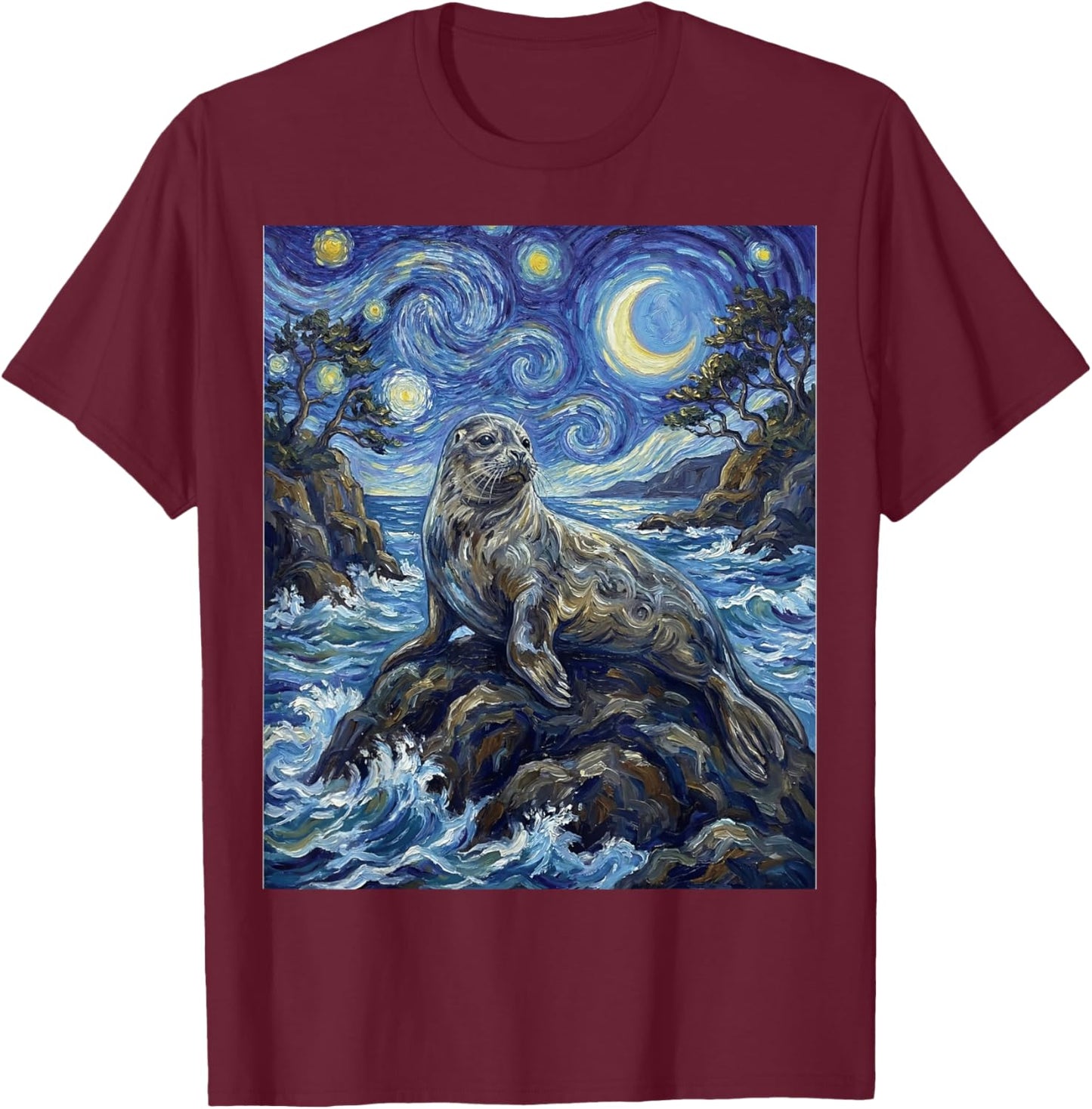 Seal Starry Night Art Painting Style Seal Sea Lion T-Shirt - T-Shirt | Maroon