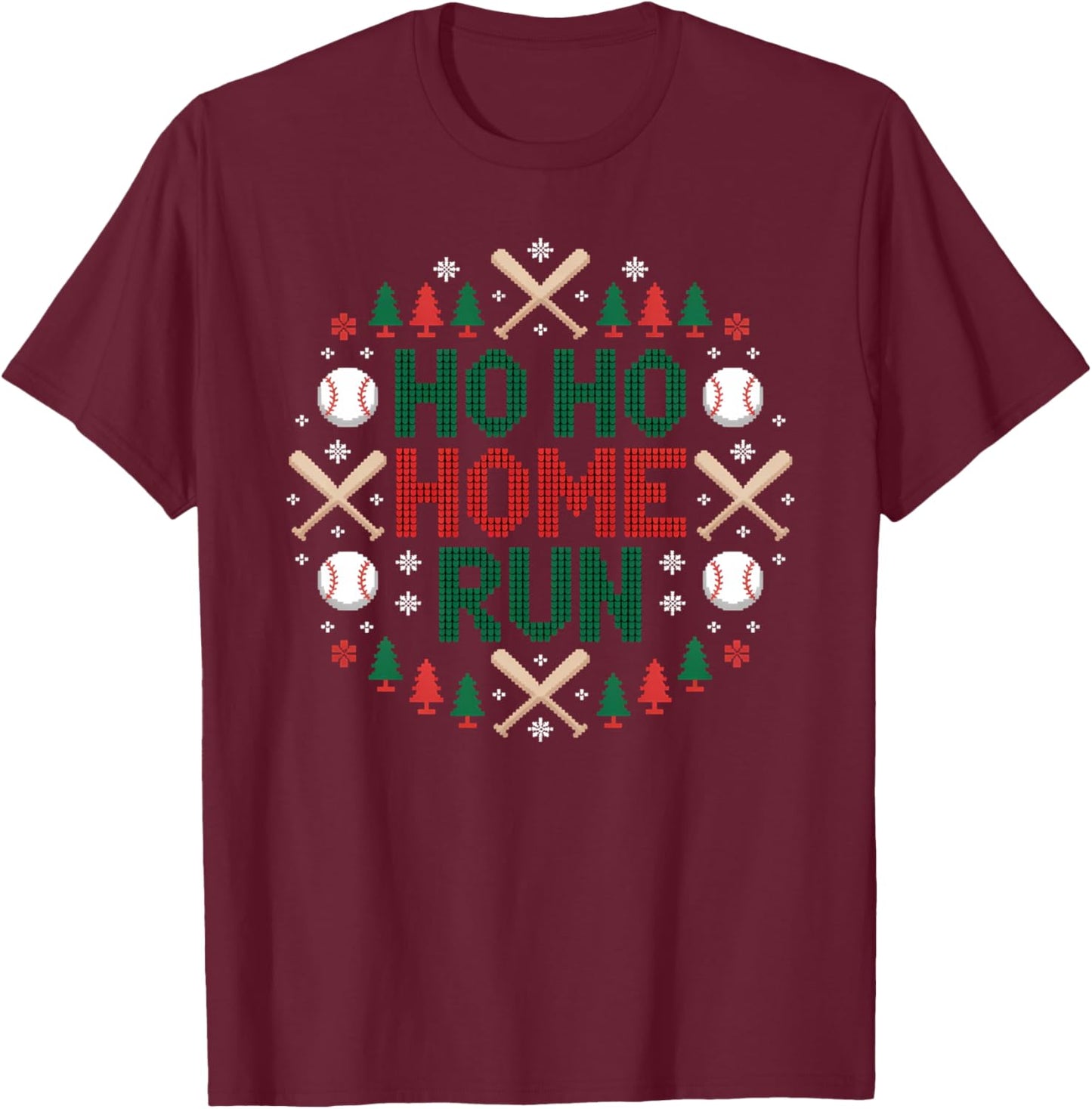 Ho Ho Home Run Ugly Christmas Sweater Funny Baseball lover T-Shirt - T-Shirt | Maroon