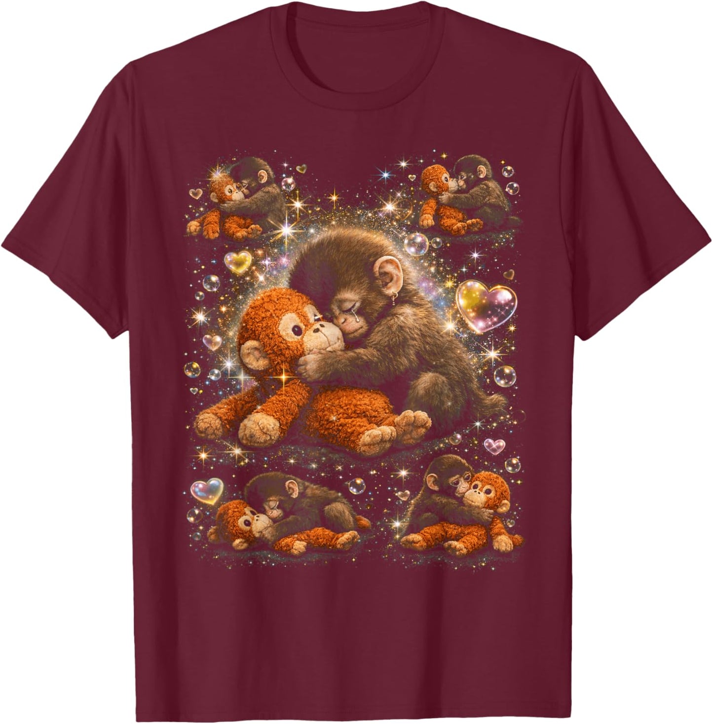 Baby Monkey Cute Punch Hugging Plush T-Shirt - T-Shirt | Maroon