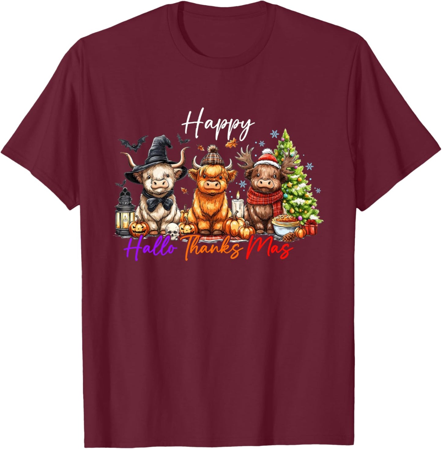 Happy Hallothanksmas Cute Highland Cow Halloween Christmas T-Shirt - T-Shirt | Maroon