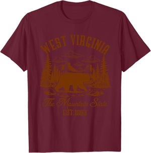 West Virginia The Mountain State Black Bear Travel Souvenir T-Shirt - T-Shirt | Maroon