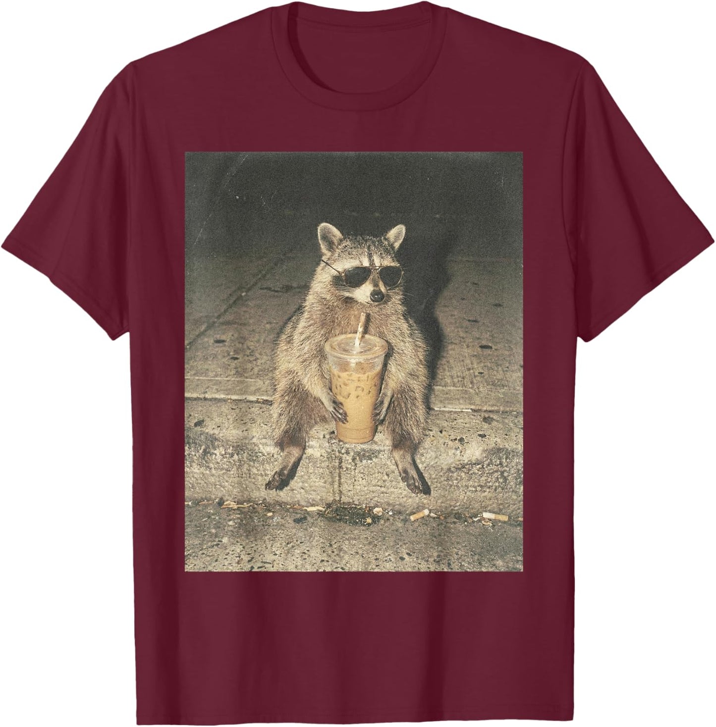 Funny Raccoon Drinking Iced Coffee Unhinged Meme Graphic T-Shirt - T-Shirt | Maroon