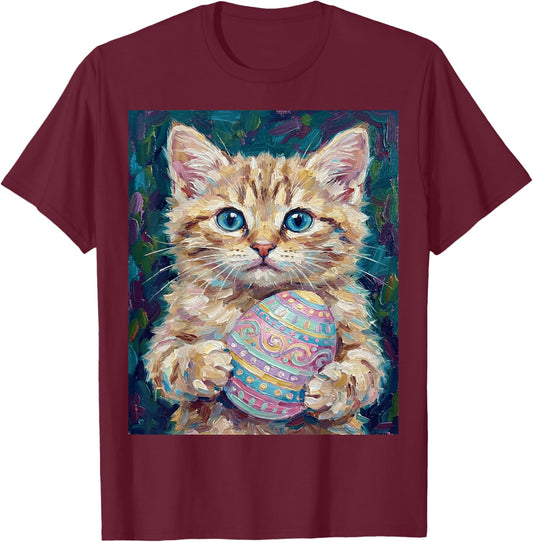 Cute Easter Kitten Holding Decorated Egg T-Shirt - T-Shirt | Maroon