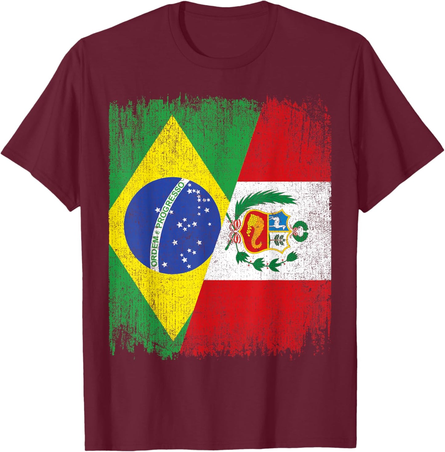 Half Brazil Peru Split Flag Brazilian Peruvian Roots T-Shirt - T-Shirt | Maroon