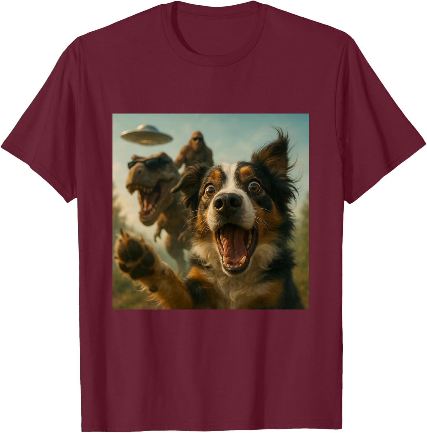 Shocked Australian Shepherd Dog T-Rex Bigfoot UFO Selfie T-Shirt - T-Shirt | Maroon