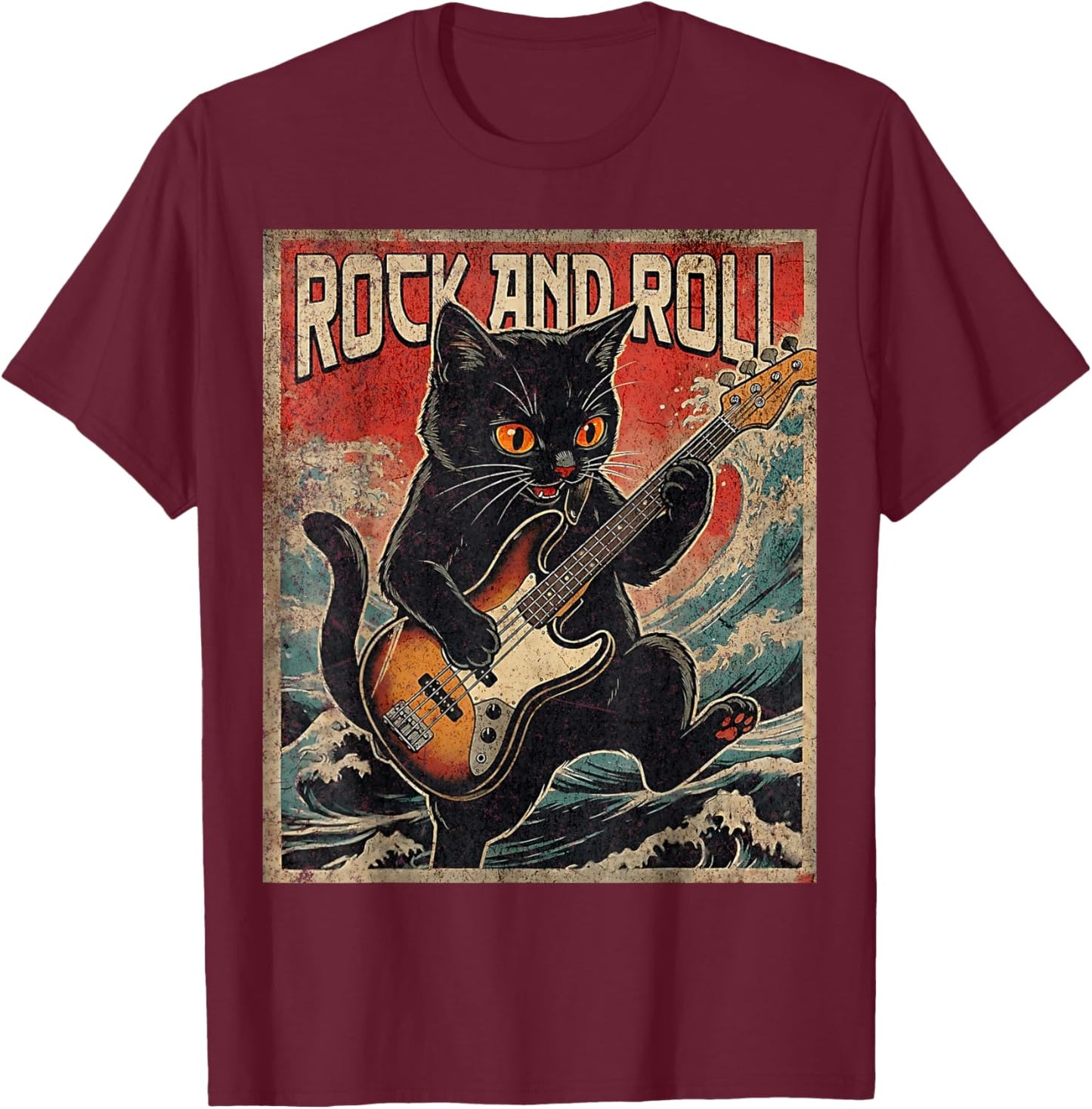Cat Playing Bass Guitar Rock On Vintage Rock Guitarist Cat T-Shirt - T-Shirt | Maroon
