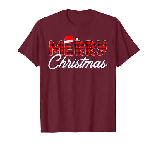 Merry Christmas Buffalo Plaid Red Santa Hat Xmas Pajamas T-Shirt