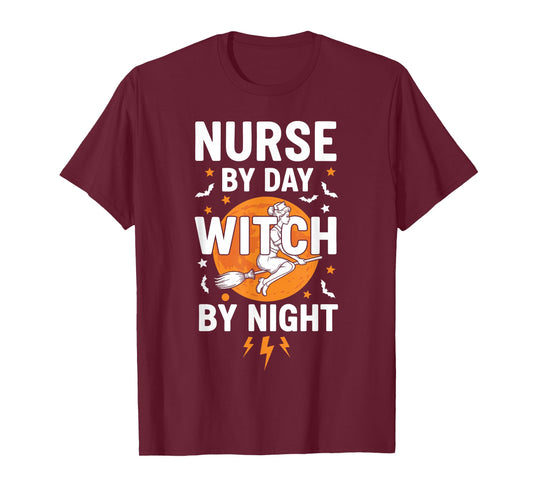 Nurse by Day Witch by Night Funny Halloween Spooky Season T-Shirt
